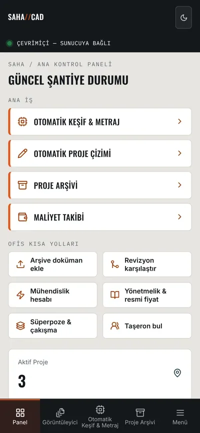 SAHA//CAD telefonda: Kontrol Paneli ve alttaki hızlı erişim çubuğu